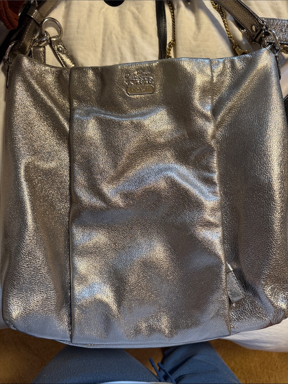 Coach Metallic Silver Leather Tote Bag